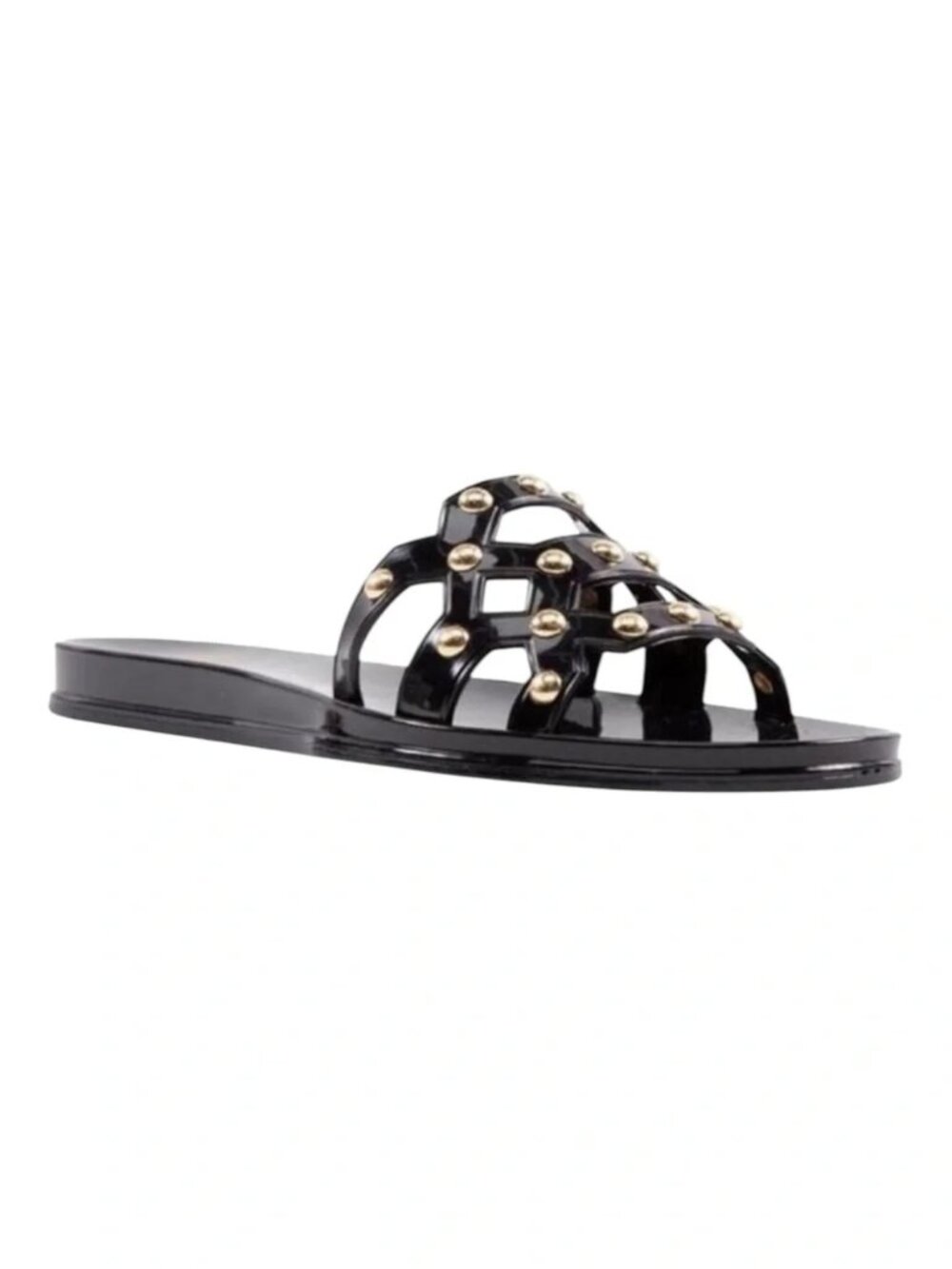 Vince Camuto Slide Sandals Carron Gold Studded Black Patent Jelly Sandals 6